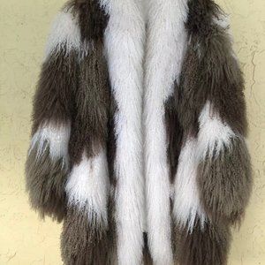 80s 90s Vintage Mongolian Brown & White Patchwork Fur Coat, Rock n Roll